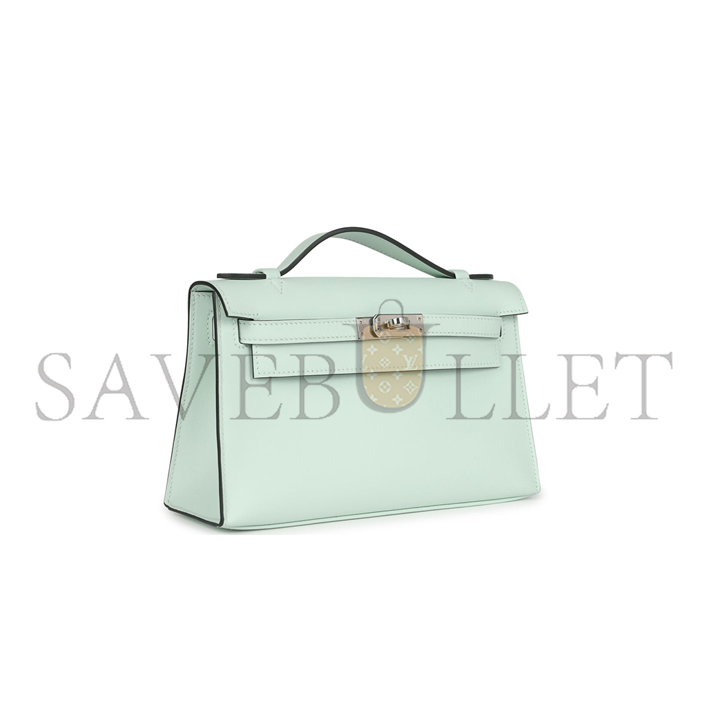 HERMES KELLY POCHETTE VERT BUBBLE GREEN SWIFT PALLADIUM HARDWARE (22*14*7cm) 